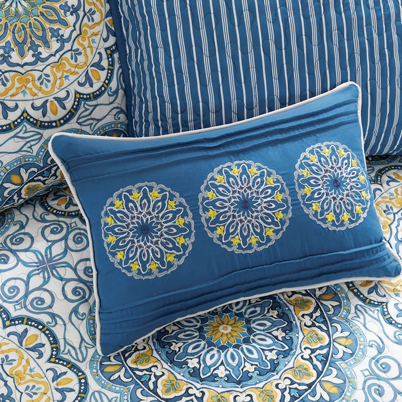 Housse de lit de jour - réversible bleu 6 pièces, avec imprimé médaillon et revers rayé, convient au matelas simple, comprend 1 housse, 3 taies décoratives, coussin décoratif, pièce réversible lavable à la machine, revers