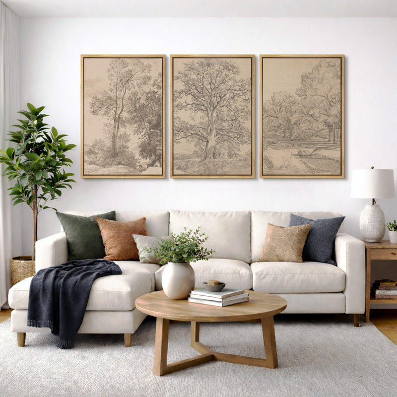 Rustic Countryside "Vintage Sketch Forest Tree Landscape Artwork, French Country Neutral Classic Wall Pictures, Framed Canvas Giclée Print 3 Pieces Wall Art" 16"x24"x3 pcs, 24"x36"x3 pcs