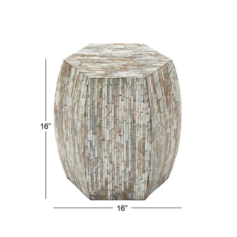 Alissa Mother of Pearl Shell Handmade Shell Mosaic Hexagon Side End Gray Accent Table with Brown Accents