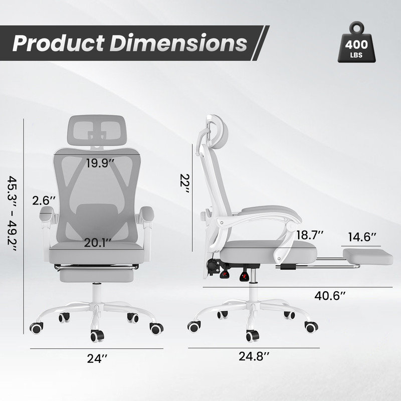 Ergonomic Mesh Office Chair with Adjustable Lumbar Support, Headrest, and Retractable Footrest, Gray