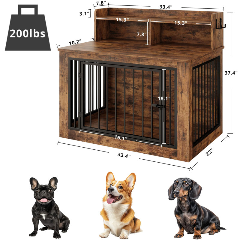 33.4 inches Wooden Small Dog Crate with Storage and 4 Hooks, Small (37.4" H x 33.4" W x 22" D), Brown