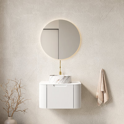 Meuble-lavabo de 24 po avec bords arrondis flottants, armoire de rangement en contreplaqué rayé, lavabo en céramique blanc mat à motif pierre, comptoir fritté, tiroir à fermeture en douceur avec plateau à finition 3D de haute qualité,