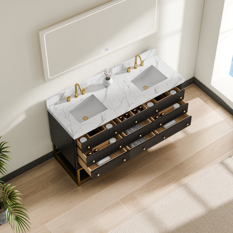 Fully Assembled 60" Luxury Style Bathroom Vanity Modern Exquisite Ceramic Rock Slab One Piece Bathroom Cabinet Double Sink Bathroom Combo Set
