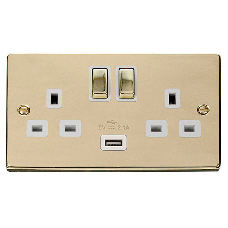 Polished Brass 2 Gang 13A DP Ingot 1 USB Twin Double Switched Plug Socket