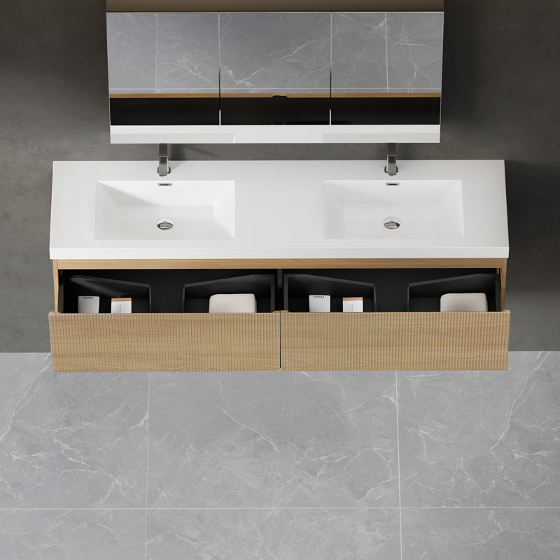 Floating Bathroom Vanity with Sink Combo, White, 71", Oak Natural Wood