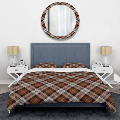Tartan à carreaux brun - ensemble de housse de couette abstrait - microfibre de polyester