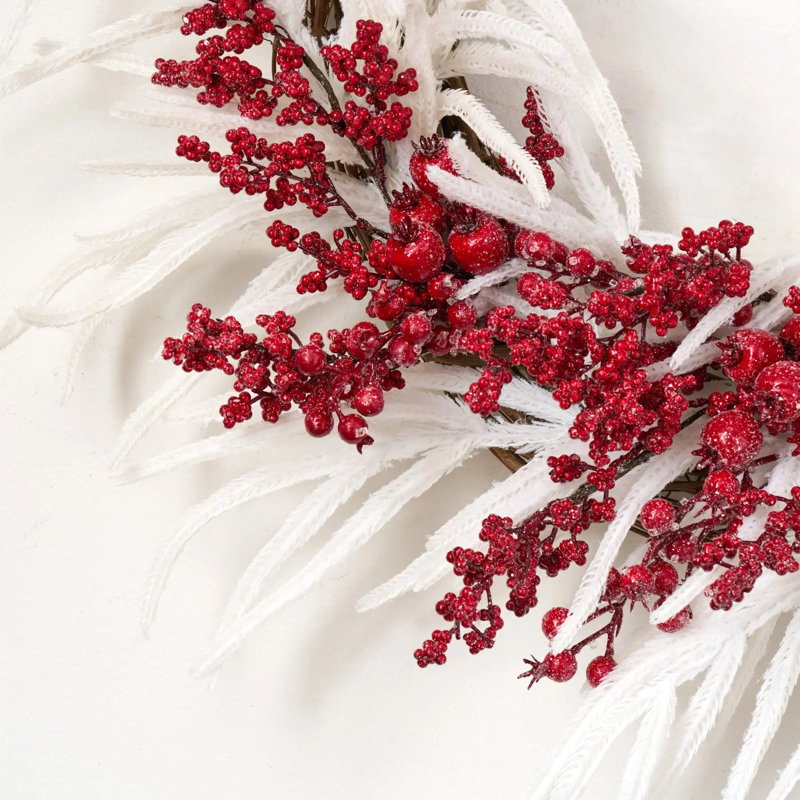 Couronne de manteau de porte de Noël en verre glacé à baies rouges et blanc Real Touch