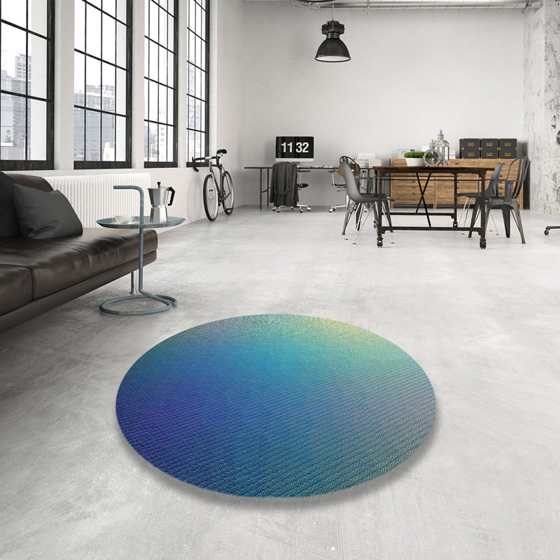 Tapis bleu/jaune à motifs, Rond 7 pi