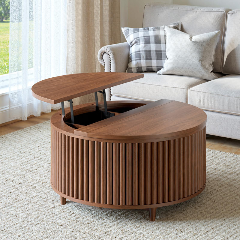 31.5'' Round Coffee Table, Fluted Lift Top Coffee Table With Large Storage, Mid Century Modern Small Center Table For Living Room