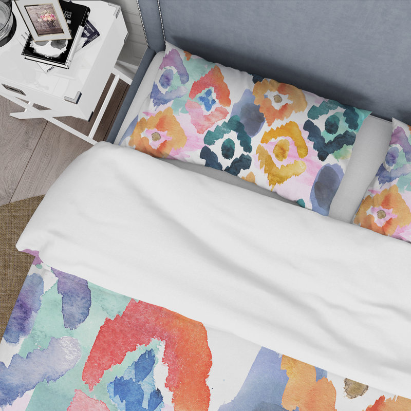 Ornement orange, bleu et vert - Ensemble de housse de couette moderne - Polyester en microfibre