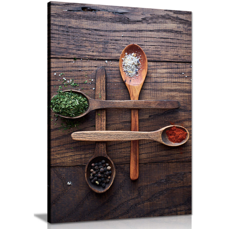 Spices On A Rustic Wooden Spoon - Wrapped Canvas Art Prints, 31cm H x 20cm W