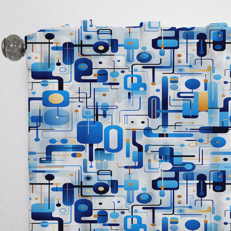 Rideau obscurcissant géométrique abstrait bleu et blanc cobalt - 1 panneaux, L 52 po x L 90 po