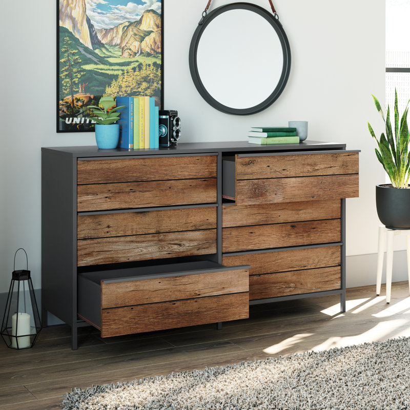 Commode double 6 tiroirs Anrey, Noir / chêne rétro