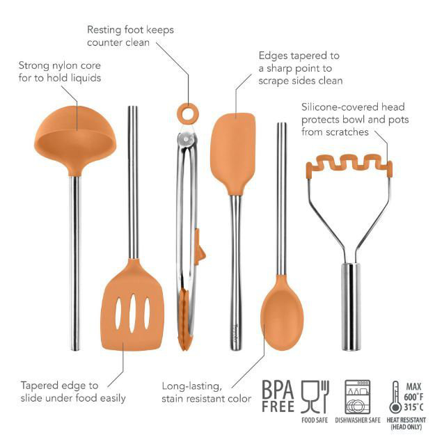 Apricot Silicone and Stainless Steel 6-Piece Kitchen Utensil Set