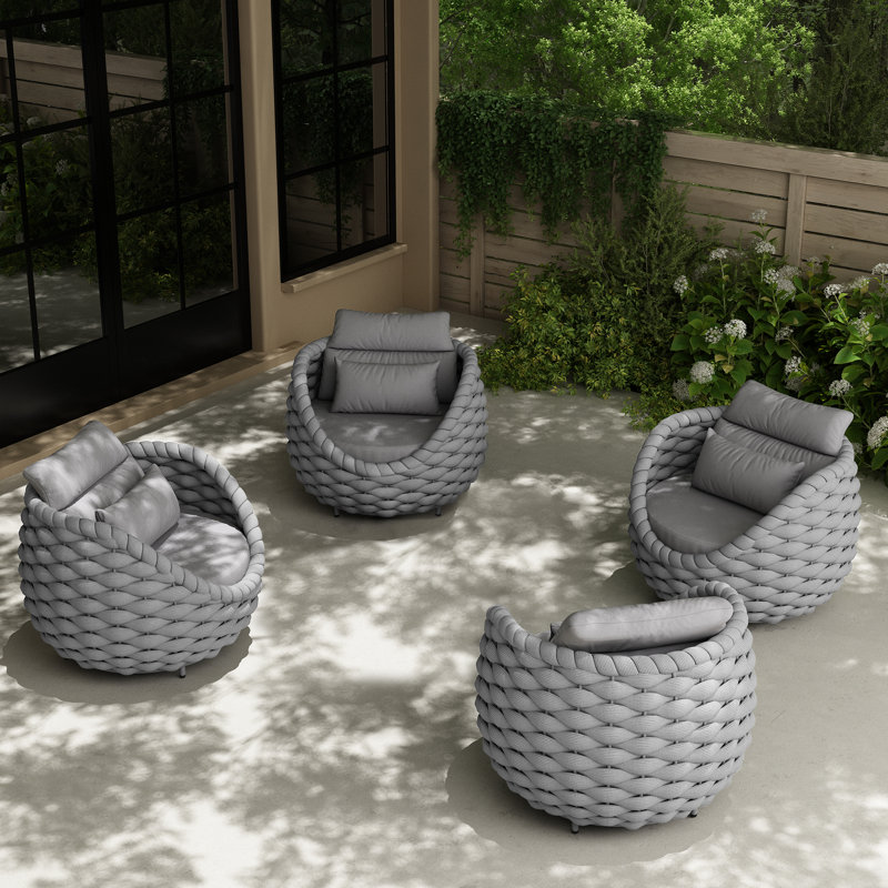 Wicker Outdoor Patio Chair with Cushions and Accent Pillow (Set of 4), Light Gray, Light Gray Polyester Rope