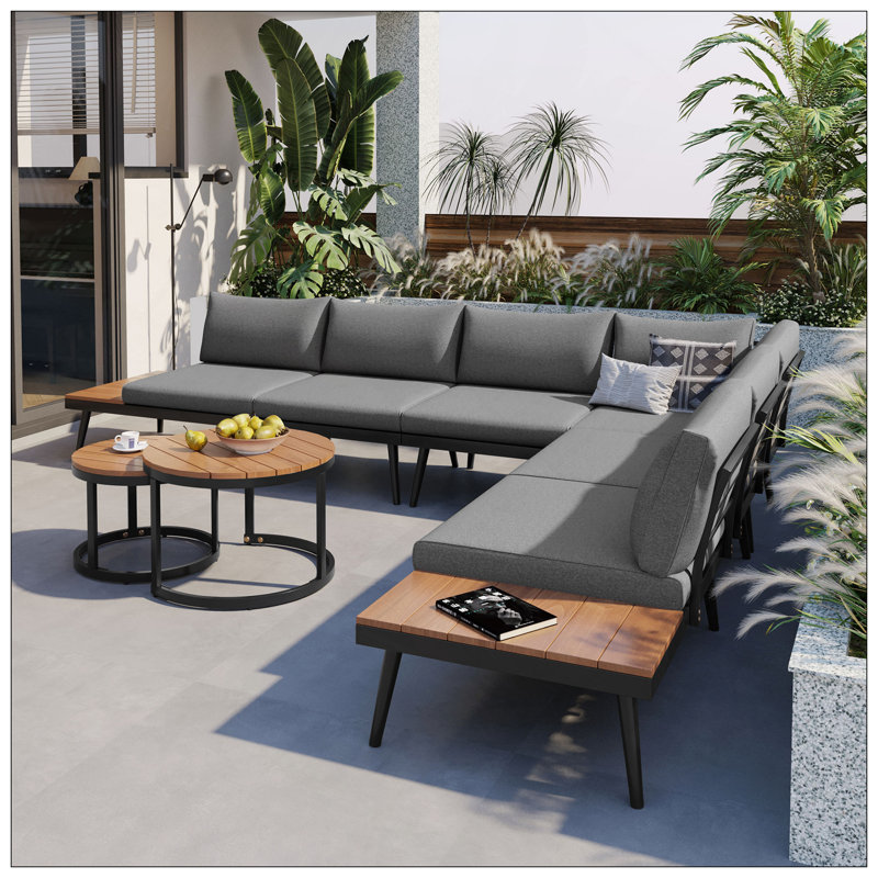 Ensemble de canapé modulaire d'extérieur 6 pièces avec tables basses gigognes rondes et canapé avec coussins pour patio, porche et jardin (gris)