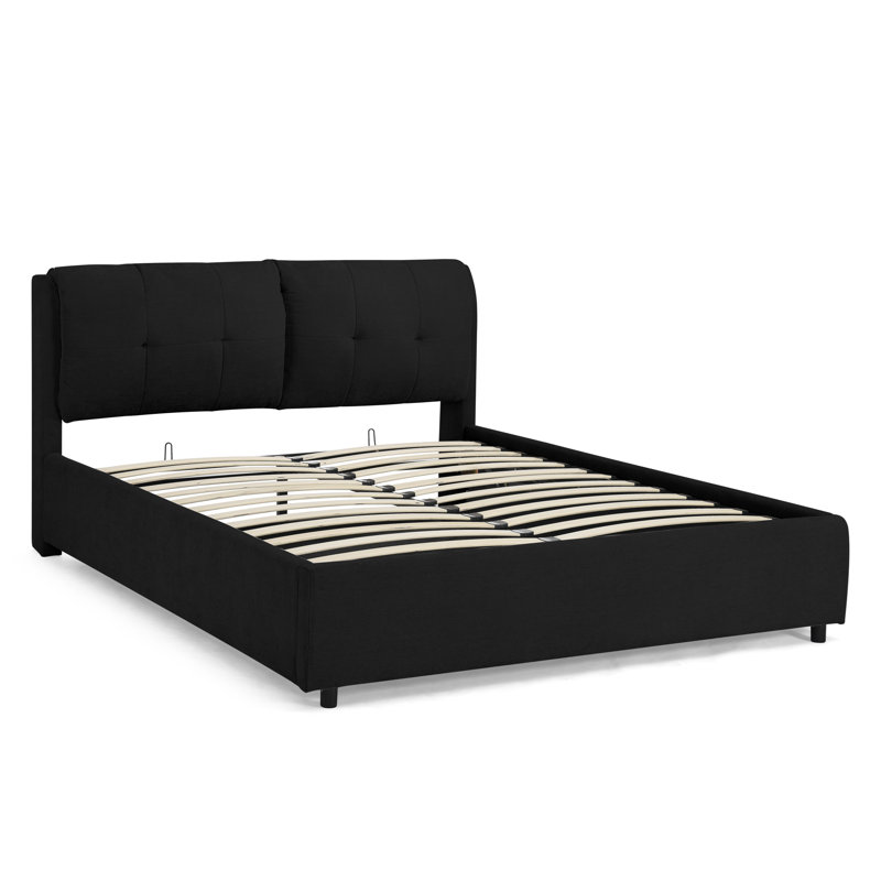 Lit plateforme tapissier hydraulique avec rangement, Noir, Grand