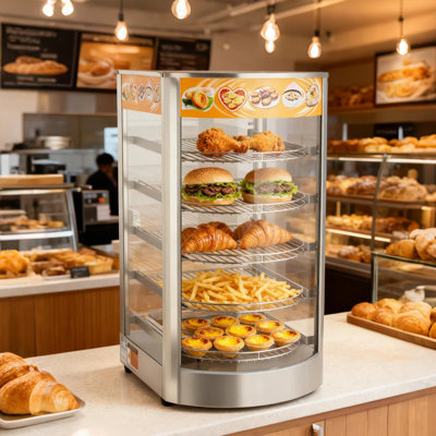 5-Tier Commercial Food Warmer Display, 800W Food Display Warmer with LED Light, Adjustable Shelf and Stainless Steel Frame, 86℉~185℉ Air Heating, 60L for Hamburger, Pizza, Bread, Fried Chicken