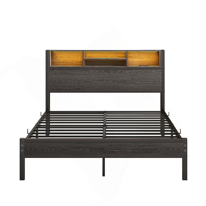 Full Size Bed Frame With Storage Headboard, Metal Platform Bed With Charging Station,  Bookcase Storage, No Box Spring Needed, Easy Assembly, Noise-Free