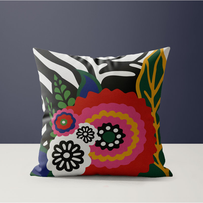 Coussin Alix, Black/White/Red/Pink/Green Floral, Carré 16 po