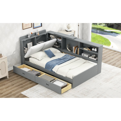 Lit plateforme simple moderne avec rangement pour tête de lit, tablettes, 2 tiroirs, tête de lit gris avec rangement Advancement et tiroirs pratiques