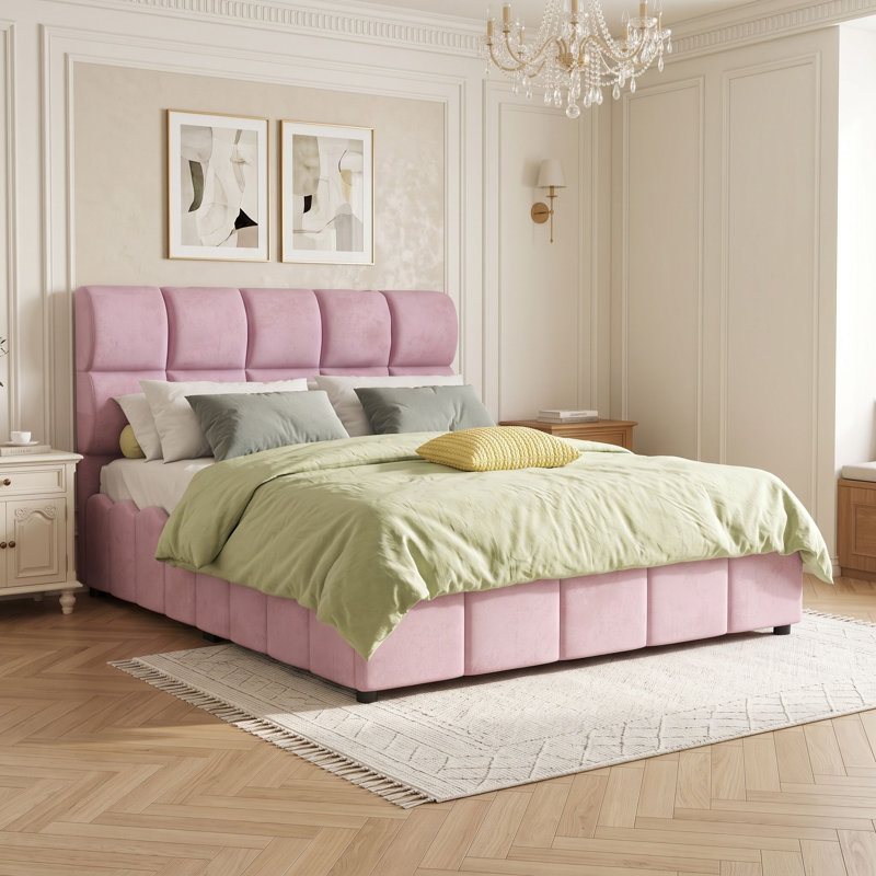 Lit plateforme tapissier avec tête de lit et lattes, Lit double, Pink