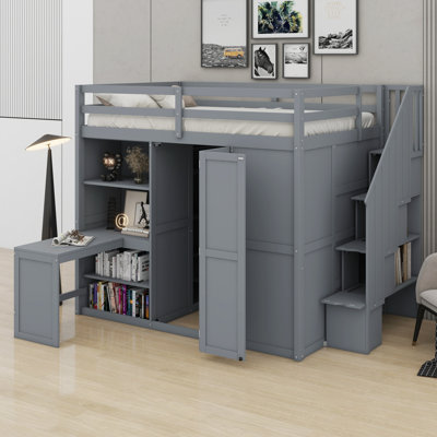 Wood Loft Bed With Wardrobe, Storage Stairs, Desk And Shelves