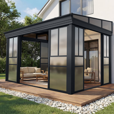 8' X 12' Sunroom Gazebo, Polycarbonate Roof Outdoor Solarium With Sliding Door & Adjustable Window Panels, Enclosed Patio Sunroom With Mesh Screens