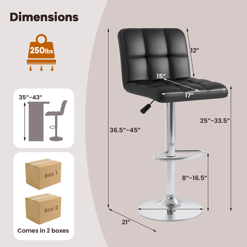 Flavienne Swivel Bar Stools Set Of 2 With Heavy-Duty Metal Base & Footrest Back, Black, 2