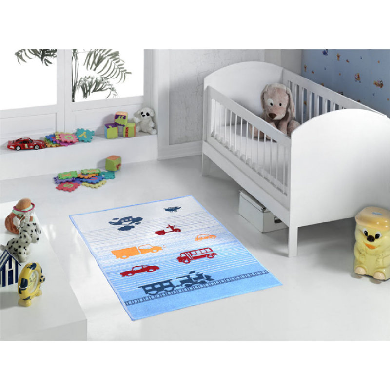 Tapis rectangulaire bleu / blanc tissé à la machine 3 pi 3 po x 4 pi 11 po Donn