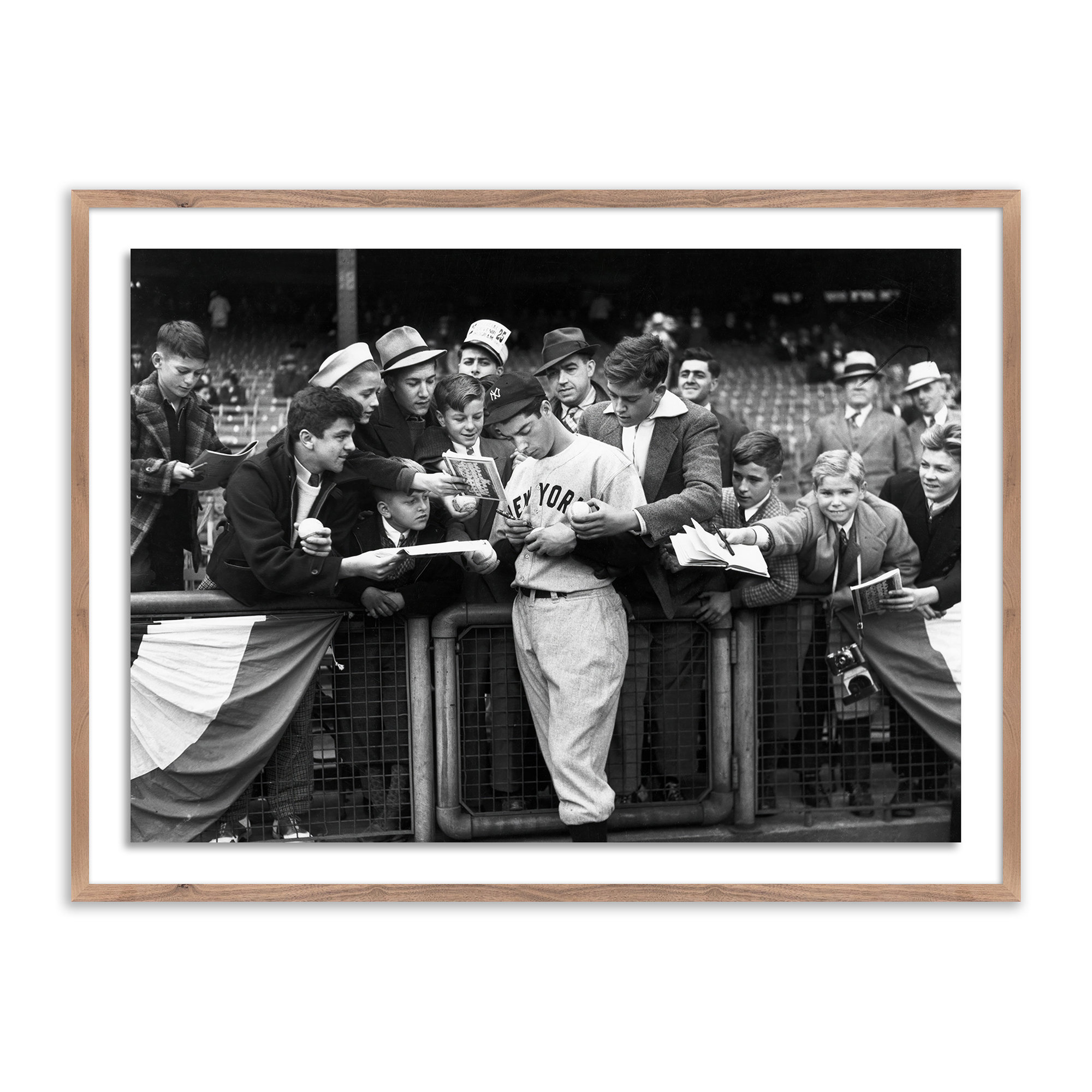 Joe DiMaggio Signing Autotgraphs For Fans by Getty Images, 30" H x 40" W, Rustic Walnut Framed