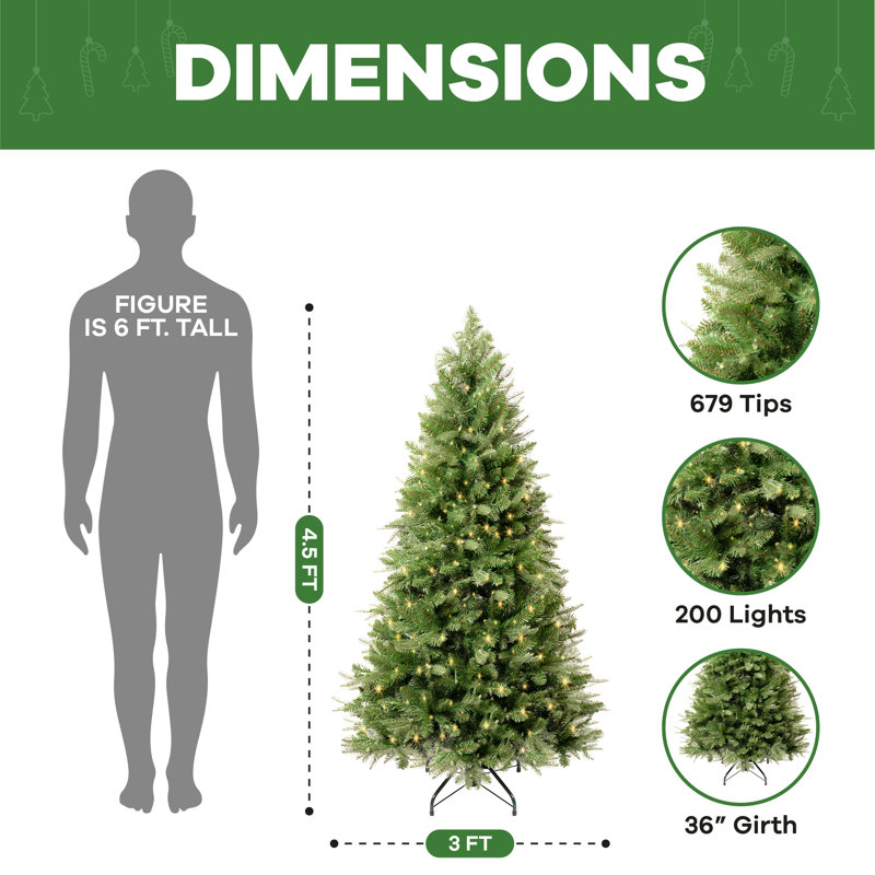 Sapin de Noël artificiel traditionnel avec base en métal Prelit, H 4,5 pi