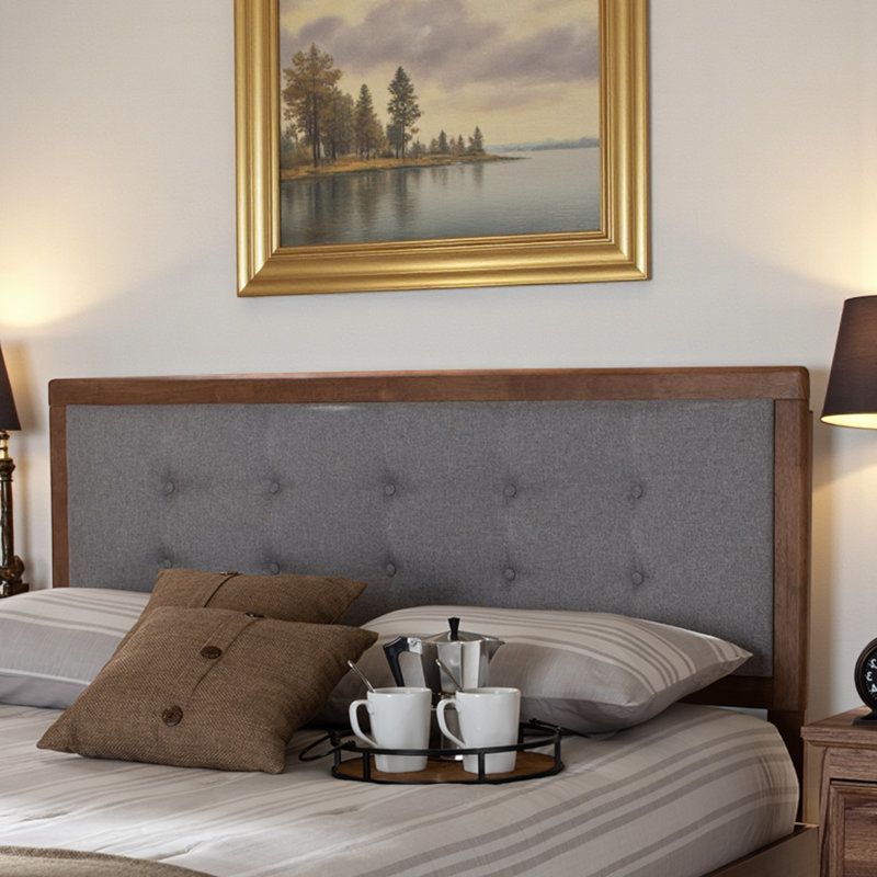 Kaeyla Light Gray Upholstered King Headboard in Brown Wood, 58.15'' H X 77.90'' W X 0.9'' D, Light Gray, King