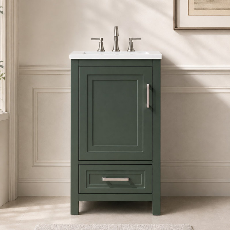 Meuble-lavabo autoportant en bois massif de 45,7 cm (18 pouces) avec comptoir, vert, entièrement assemblé, Vert, Doré