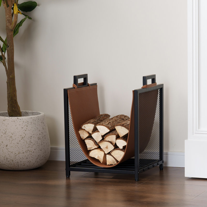 Indoor Outdoor Firewood Holder Rack with Brown Leatherette