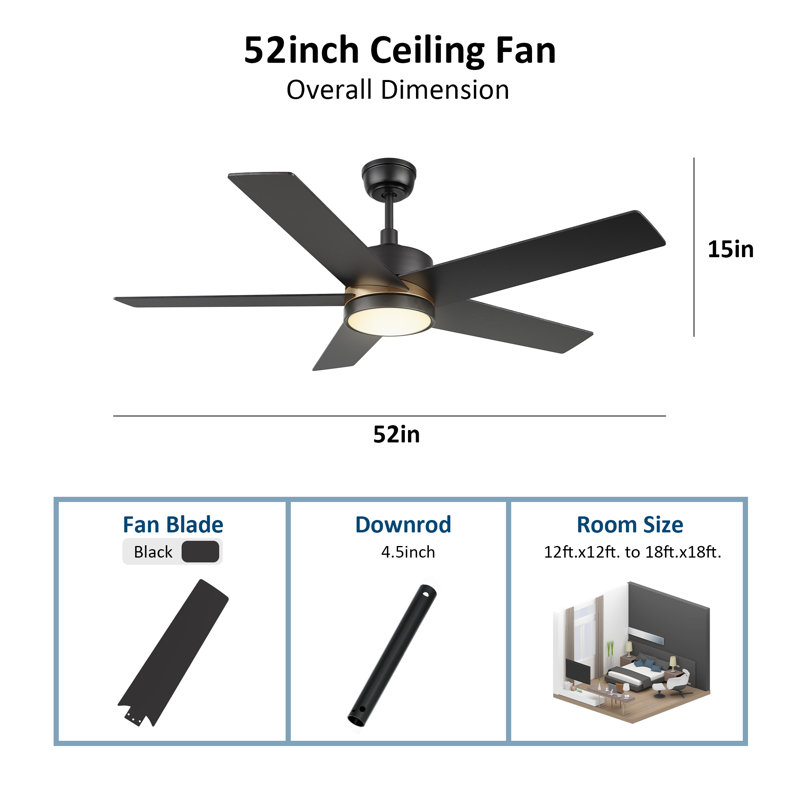 52'' Ceiling Fan with LED Lights, Black
