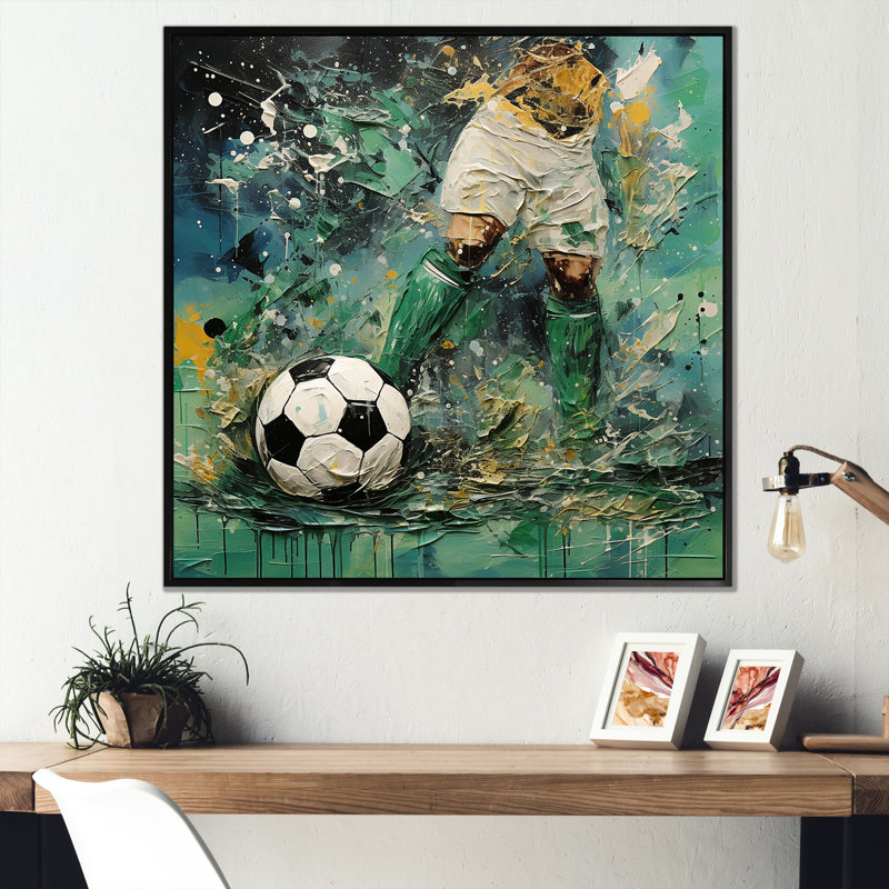Joueur de soccer abstrait vert - art mural soccer, Cadre flottant noir, H 16 po x l 16 po x P 1 po