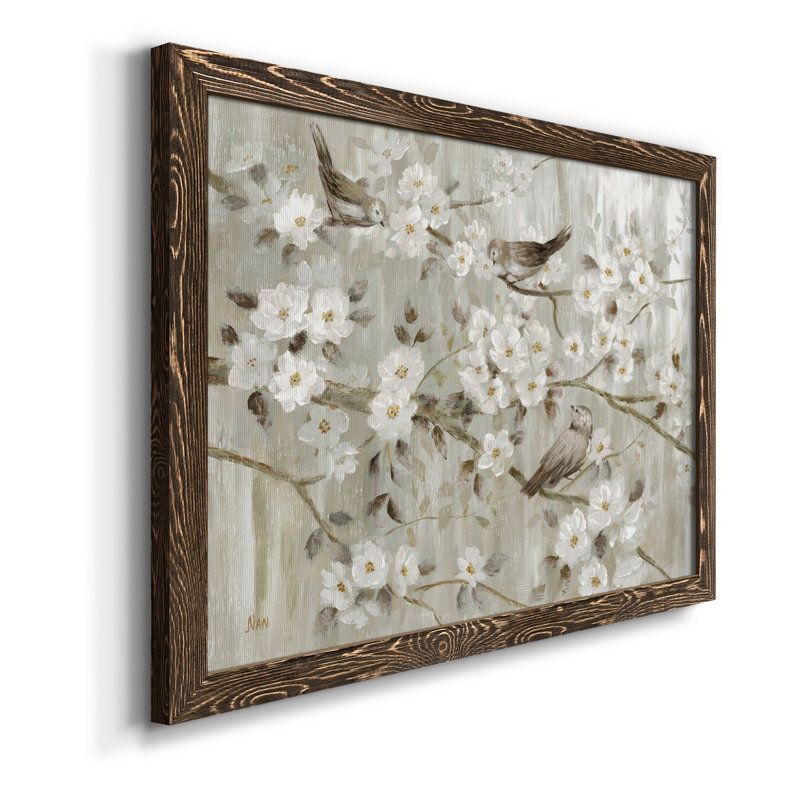 «Neutral Spring Birds», peinture sur toile encadrée, H 17 po x l 20 po x P 1 po, Noyer