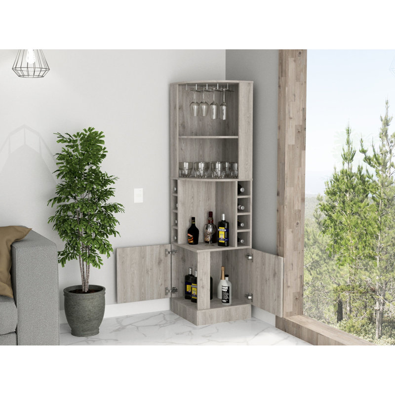 Armoire à boissons grise élégante avec plusieurs options de rangement et de présentation