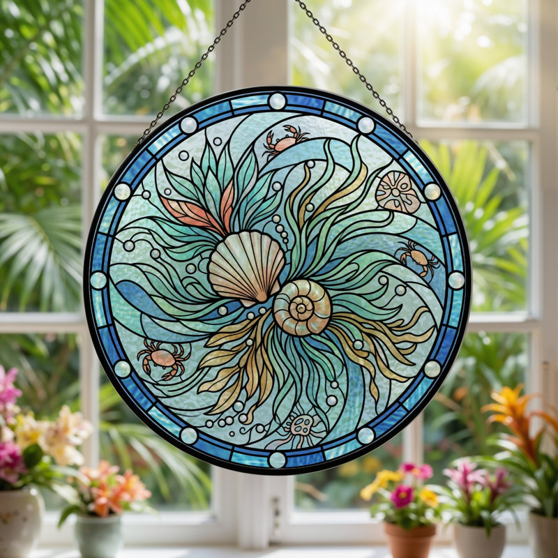 Panneau de vitrail Ocean Shell - 7,8H, 7.8"H