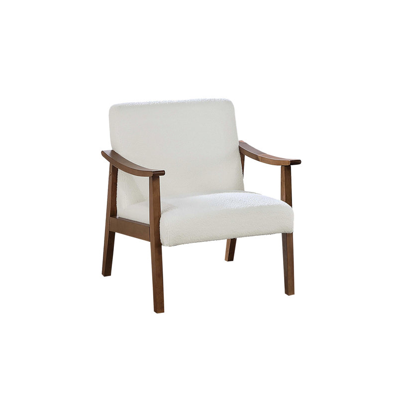 Chaise d'appoint contemporaine et contemporaine en blanc, revêtement en laine, structure en bois et sangles de soutien en tissu blanc avec dossier incliné, siège rembourré, cadre à profil bas et coins confortables