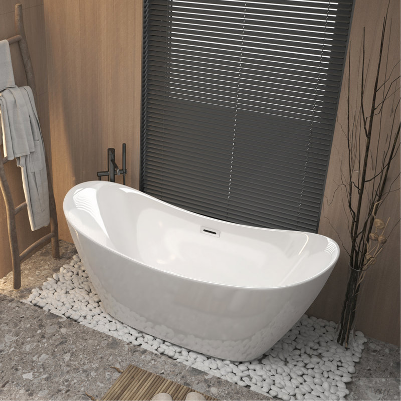 59 "Acrylic Freestanding Tub, Gloss White,  With Chrome Overflow And Pop-Up Drain, CUPC Certified