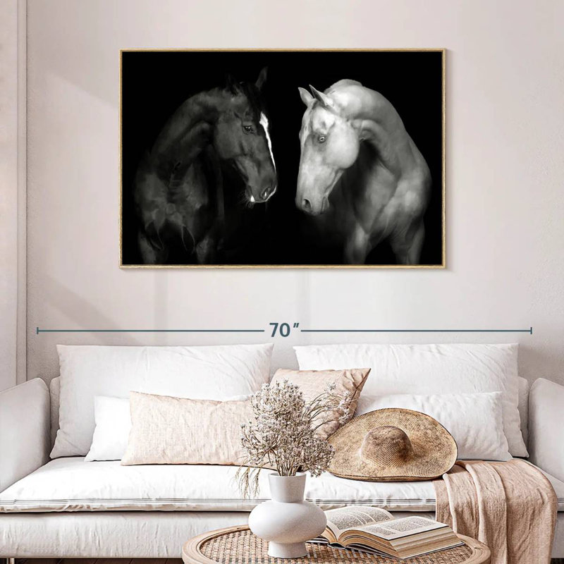 Chevaux monochromes, Cadre flottant en bois naturel, 46 po x 31 po