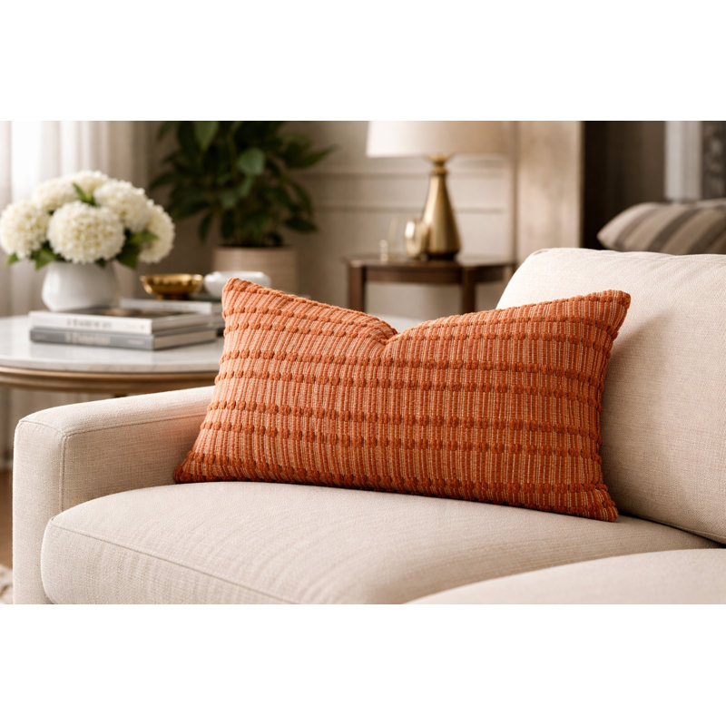 Housse de coussin décoratif en mélange de coton texturé terre cuite 12 po x 20 po, Terracotta, Rectangle 12"H x 20"W