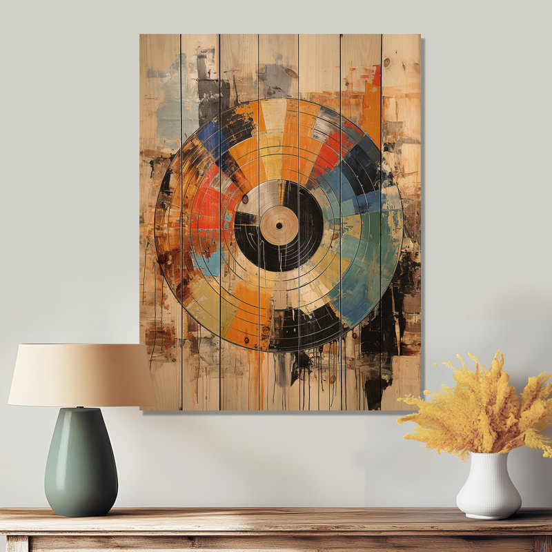 Disque vinyle rétro vinyle II - décor de bois tendance sur bois de pin naturel, H 32 po x l 24 po