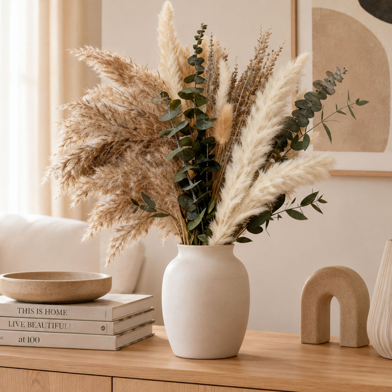 Boho Mixed Pampas Grass Bouquet, Faux Dried Flowers Arrangement for Home Decor