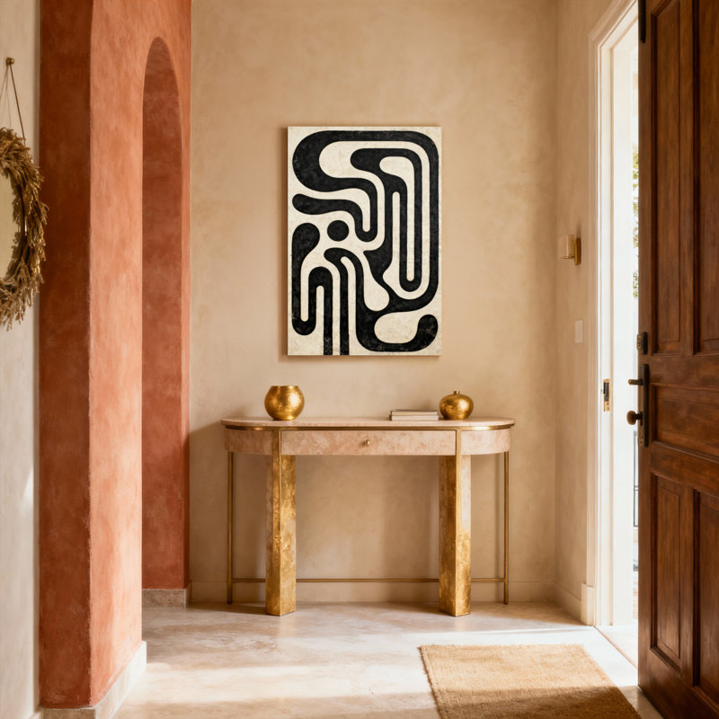 Ensemble de 1 tableau sur toile tendue à motif géométrique abstrait noir et crème, H 18 po x l 12 po