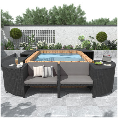 Spa Surround Spa Frame Quadrilateral Outdoor Rattan Sectional Sofa Set with Mini Sofa, Wooden Seats and Storage Spaces, Grey