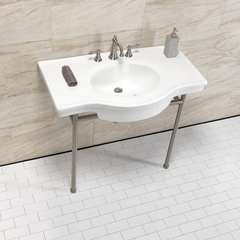 Lavabo de salle de bain console en céramique avec trop-plein, Blanc / nickel brossé