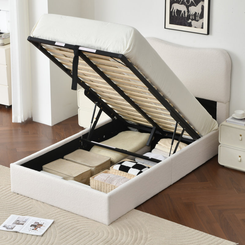 Lit plateforme tapissier Bensu Boucle, Simple, Blanc